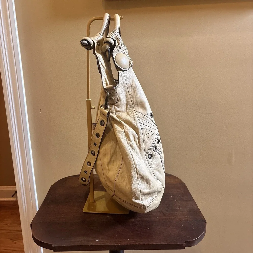 Betsey Johnson Vintage Leather Hobo Tote Bag Beige Studded Boho Shoulder Purse